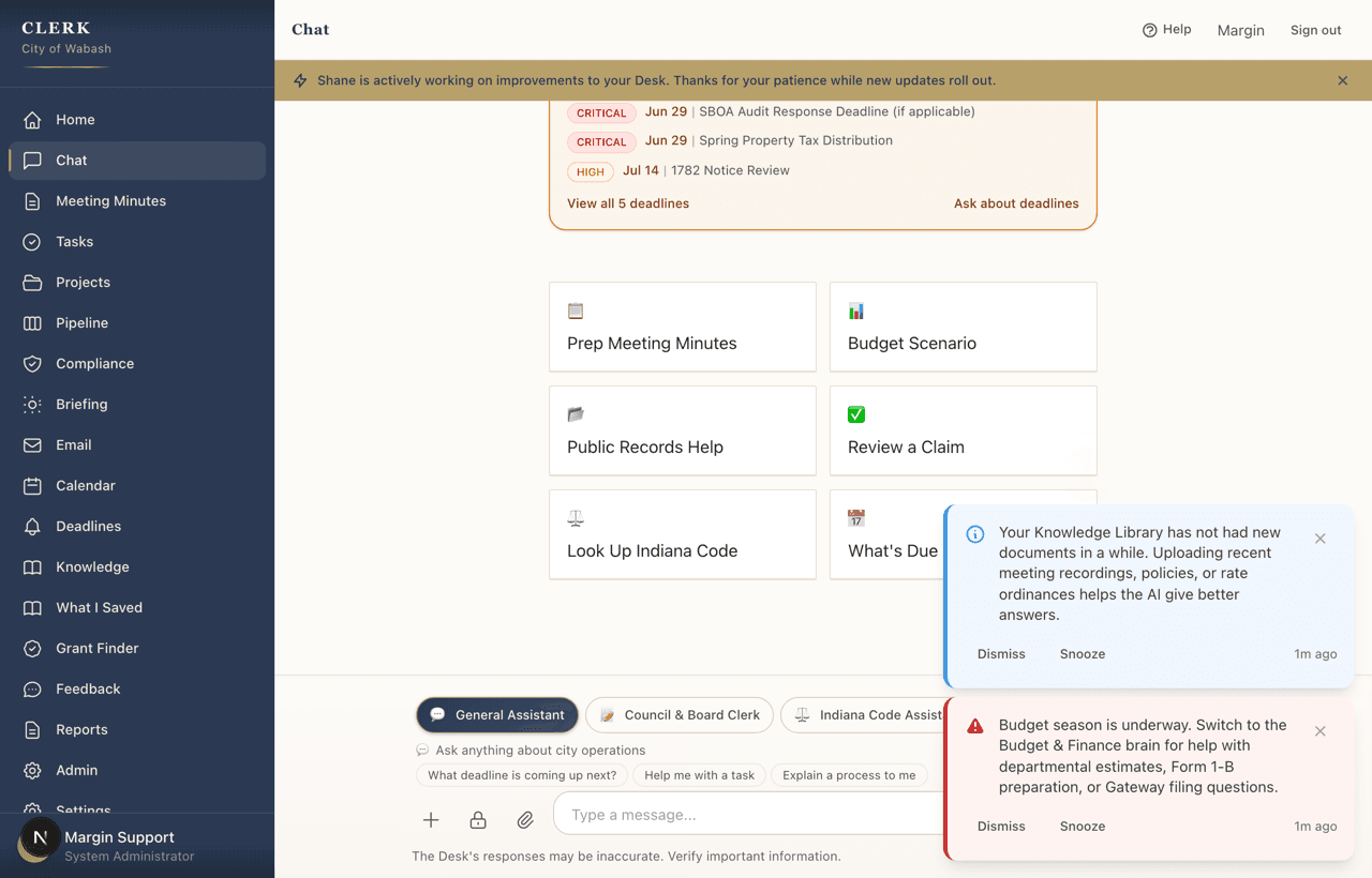 The city clerk Desk: the same product in a Chat view with compliance deadlines and starter actions