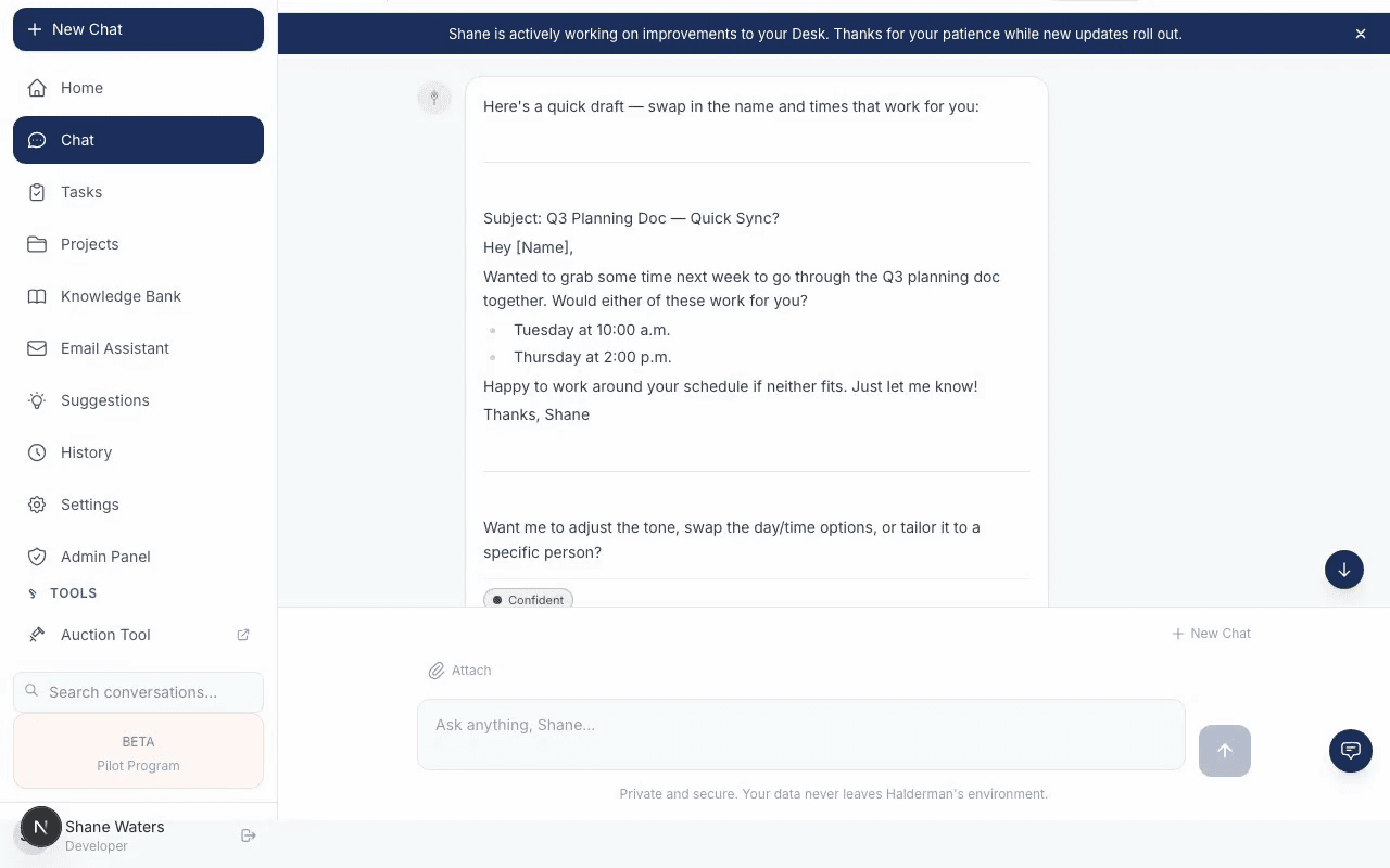 The farm-management Desk in use: a sidebar of tools and the AI drafting an email