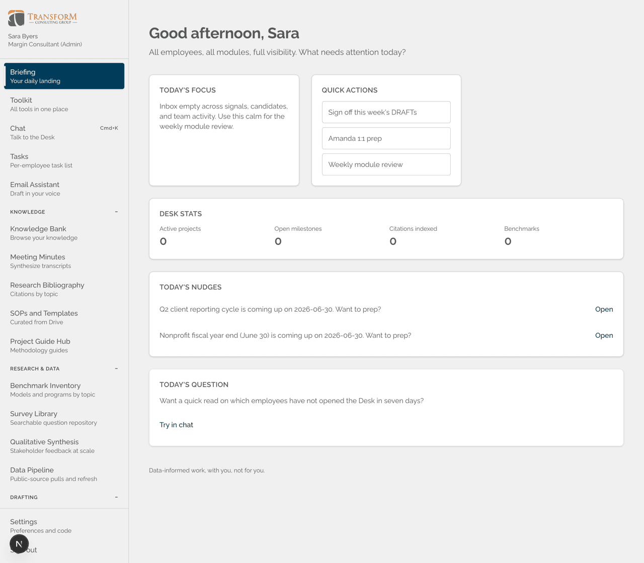 The nonprofit consulting Desk: an admin overview of projects, modules, and review nudges